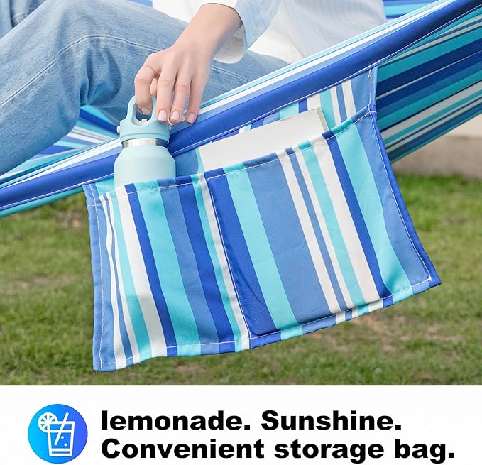 GAFETE Hammock 2 Person Quilted Fabric Hammocks for Outside Double 12ft Hammocks with Spreader Bar Large Removable Pillow Storage Bag Carabiners Max 475 lbs Capacity (Ocean Blue)