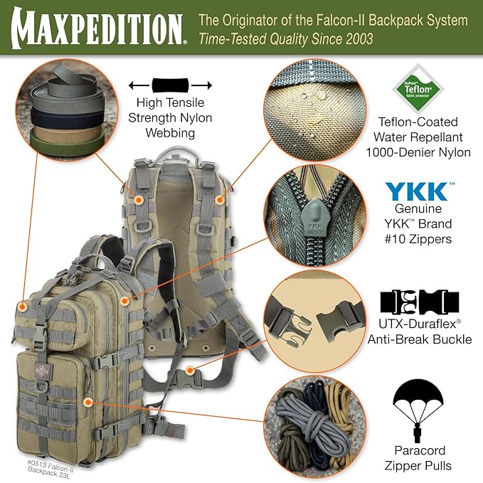 MAXPEDITION Falcon-II Backpack 23L Tactical Backpack Survival Pack Bug Out Bag MOLLE Go Bag for EDC 0513