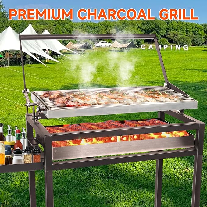 Floor-Standing Rotisserie Grill - 360 Rotating Stainless Steel Flipping Barbecue with Foldable for Outdoor Camping Backyard Includes Wheels Removable Ash Drawer (KA-6168L)