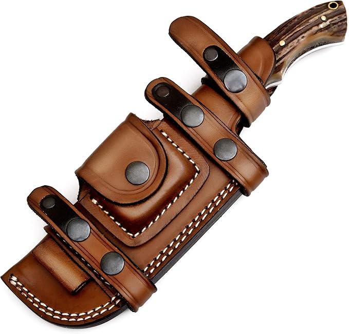 Ottoza Tracker Knife with Horizontal Carry Leather Sheath and Stag Horn Handle – Damascus Fixed Blade Hunting Knife for Survival and Outdoor Use 114