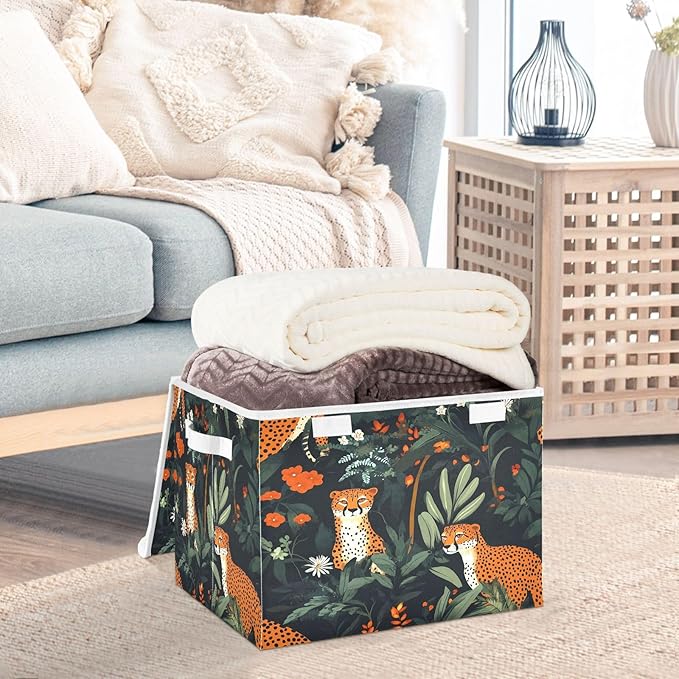 Doodle Leopard and Flower Foldable Storage Baskets Fabric Boxes with Handle Organizers with Flip-Top Lids Storage Bins for Home Bedroom Office