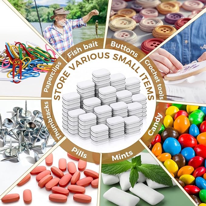 100 Pcs Metal Hinged Tin Box Rectangular Small Tin Container with Lid Mini Portable Tinplate Storage Box for Drawing Pin Candies Jewelry Crafts Button Pill 2.4 x 1.8 x 0.6 Inch(White)