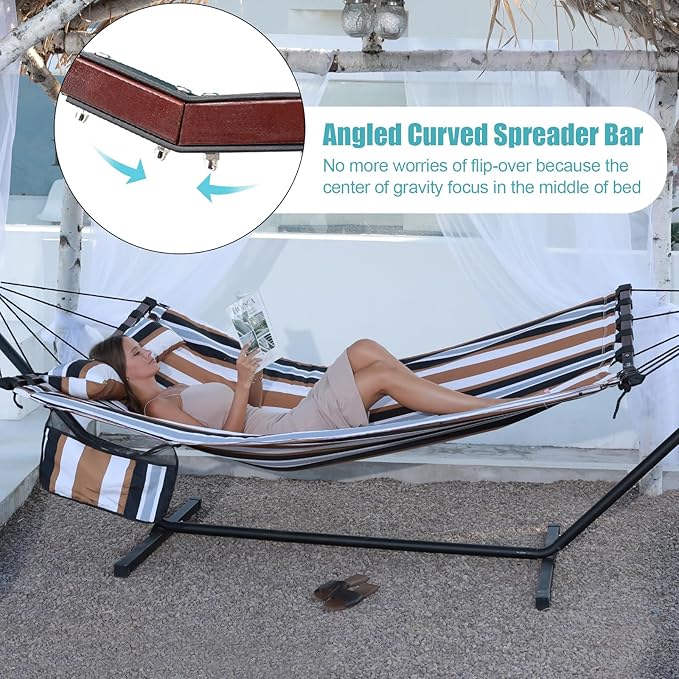 TegerDeger 12FT 2 Person Hammock Large Hammock 450LB Capacity with V Shaped Hardwood Spreader Bar &amp Nylon Rope for Outside Patio Garden Backyard Beach Poolside - Coffee Stripes