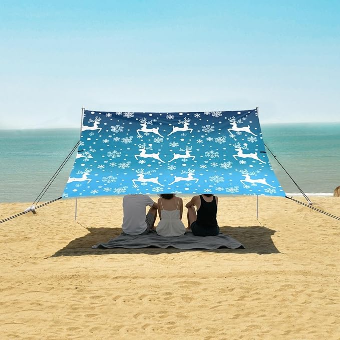 xigua Christmas Reindeer Beach Tent Sun Shelter with Carrying Bag - Silver Coated Oxford Fabric Beach Canopy for Beach Camping Fishing - Includes Windproof Ropes Sandbags &amp Stakes