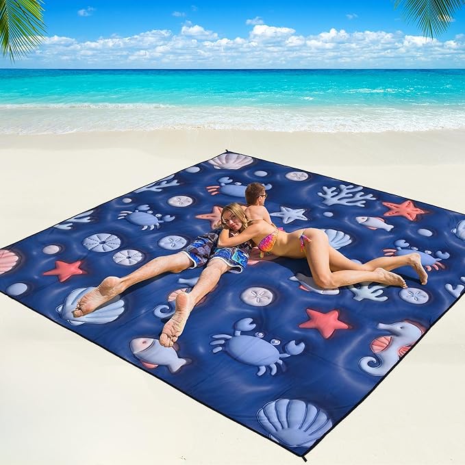 WIWIGO Beach Blanket Waterproof Sandproof Beach Mat 79 X 83/10'x9'for 2-8 Adults Quick Drying Outdoor Picnic Mat Beach Accessories for Travel Camping Hiking