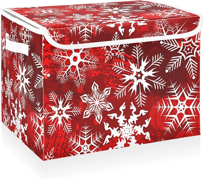 CaTaKu Large Fabric Storage Bins With LidsRed Snowflakes Christmas Storage Boxes With Handles for Organizing Clothes Collapsible Storage Cube Bins Baskets for Shelves