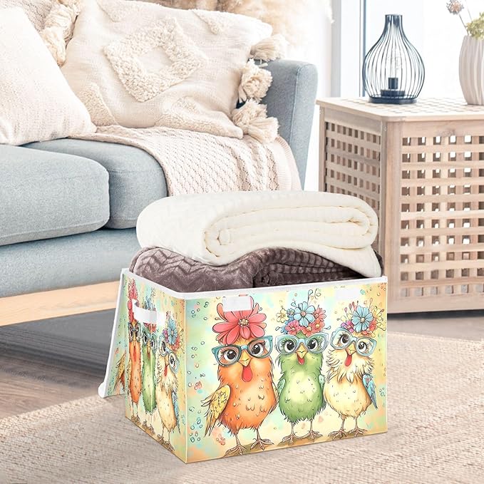 Hen Flowers Chicken Glasses Storage Bins with Lids Foldable Storage Boxes Cube Closet Storage Baskets Container Organizers for Home Bedroom Office