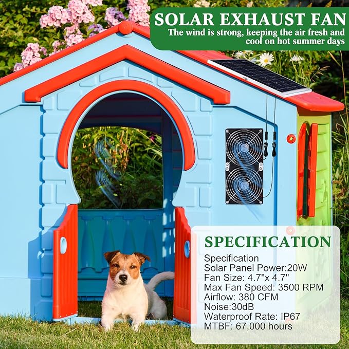 Glooglitter 20w Solar Powered Fan Kit for Chicken Coop IP67 Waterproof Dual Solar Greenhouse Fan 3500 RPM High Speed Exhaust Fan with 10ft Cable for Shed Pet House Window Outside Inside(1 Set)