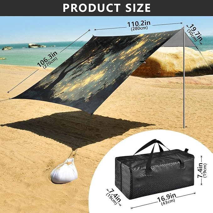 Night Sky Tree Beach Tent Sun Shelter Set UPF50+ UV Protection 10.5 x 9.19 FT Camping Shade Canopy with Sandbags Sand Anchors Carrying Bag and Others