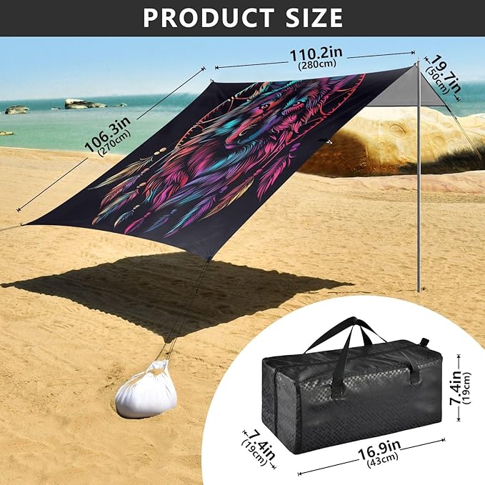ALAZA Dreamcatcher Wolf Portrait Beach Tent Sun Shelter UPF50+ Protection Beach Shade Canopy w/ 4 Sandbags for Outdoor Camping Fishing Backyard Fun Picnic 10x9 ft