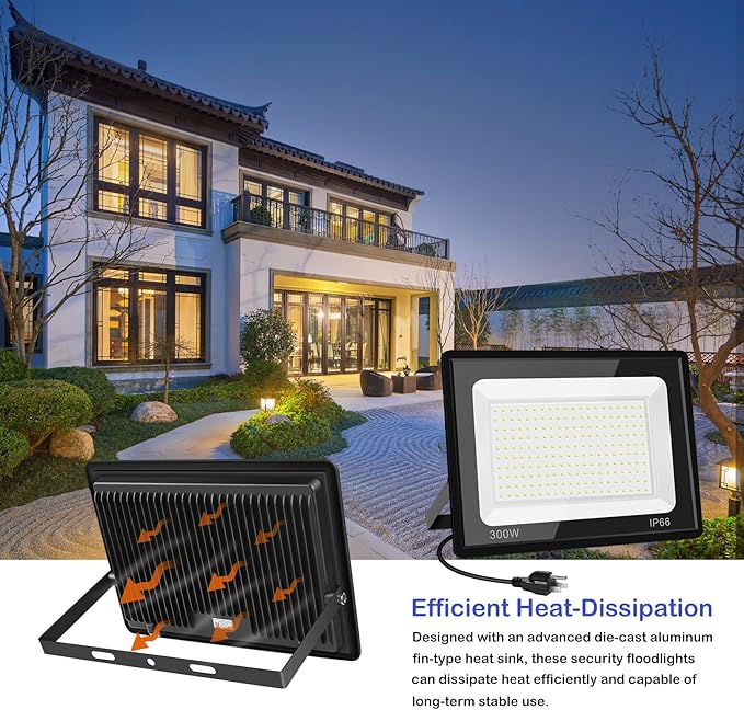 2 Pack 300W LED Flood Light Outdoor2000W Equivalent 36000LM 6000K Daylight White Super Bright FloodLight with PlugIP66 Waterproof Commercial Lighting for Sports FieldsCountsArenaStadium