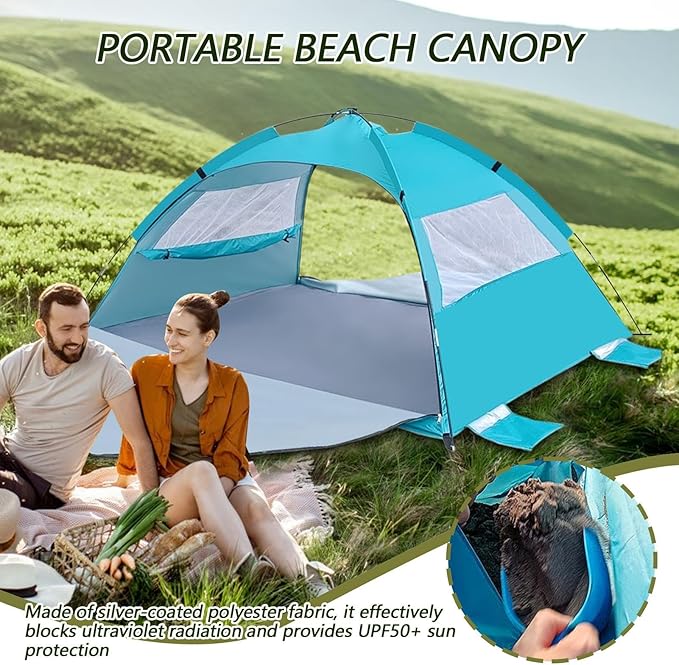 Tent for BeachUPF50+ Ventilated CanopyPortable Sun Shelter - for Camping Backyard Picnic Beach Patio Outdoor Backpacking Travel