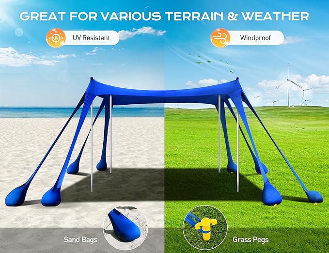 Rengue Beach Tent Beach Canopy UPF50+ UV Protection 10x10ft Beach Shade Sun Shelter with 8 Sandbags Sand Shovels Ground Pegs Stability Poles for Camping Fishing Picnic Backyard Fun Royal Blue