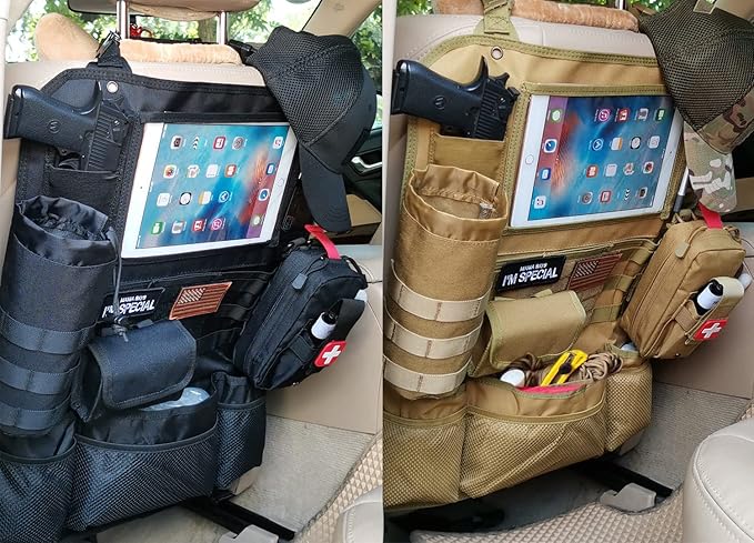 Upgrade Tactical Seat Back Organizer Molle Car Seat Organizer with 4 Detachable Pouches: Trauma Medical Pouch Water Bottle Pouch Vehicle Protector Organizers (Modern B TAN)