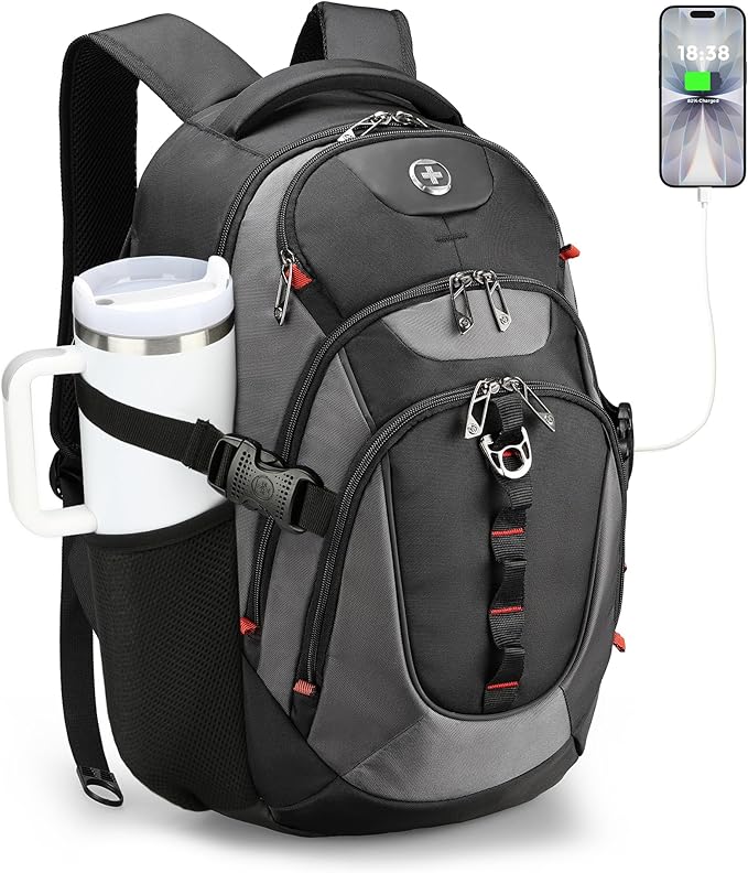 Swissdigital Design Laptop Backpack with USB Charging Port Travel Backpack Fits 15.6 inches Computer 31L College School Backpack for Men Black/Grey | SD803-02