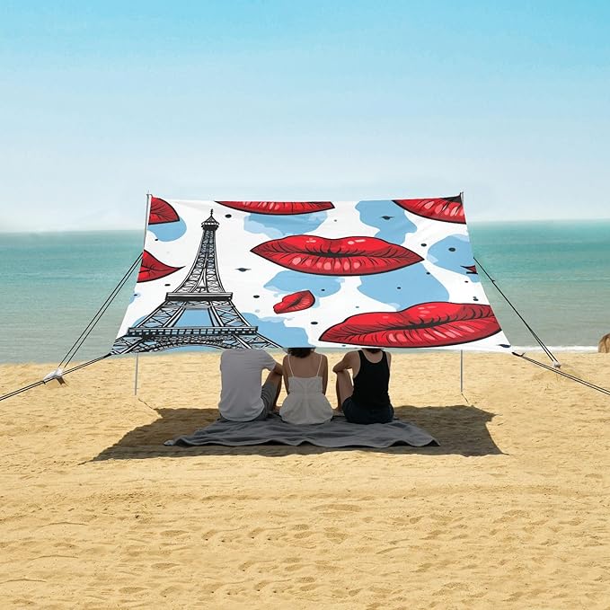 ALAZA Paris Eiffel Tower Red Lips Beach Tent Sun Shelter Portable Canopy Sunshade for Outdoor Camping Picnics Backyard Fun 10x9 ft