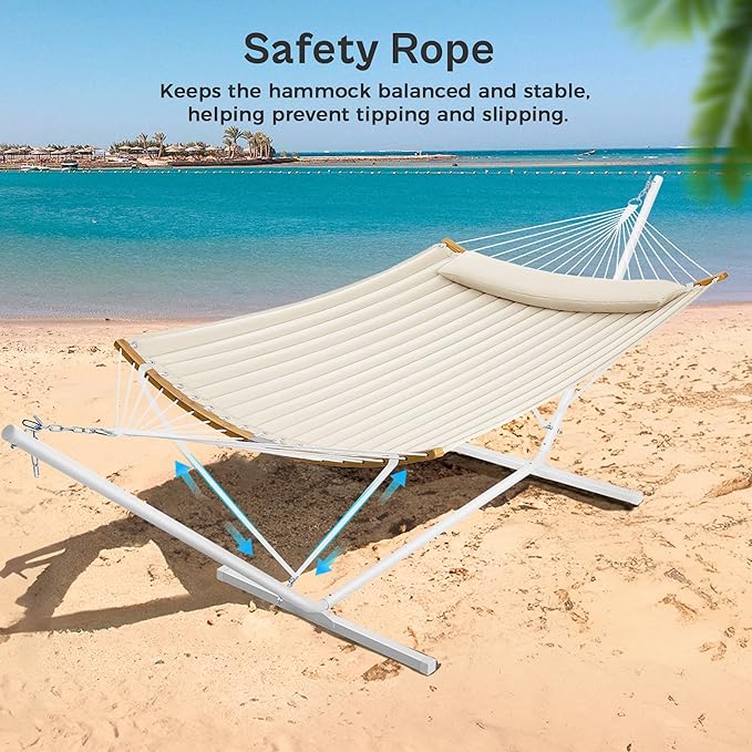 SUPERJARE Hammock with Stand 2 Person Heavy Duty Hammock with Padded Cotton Detachable Pillow &amp Strong Curved-Bar &amp Portable Carrying Bag Perfect for Outdoor &amp Indoor Beige