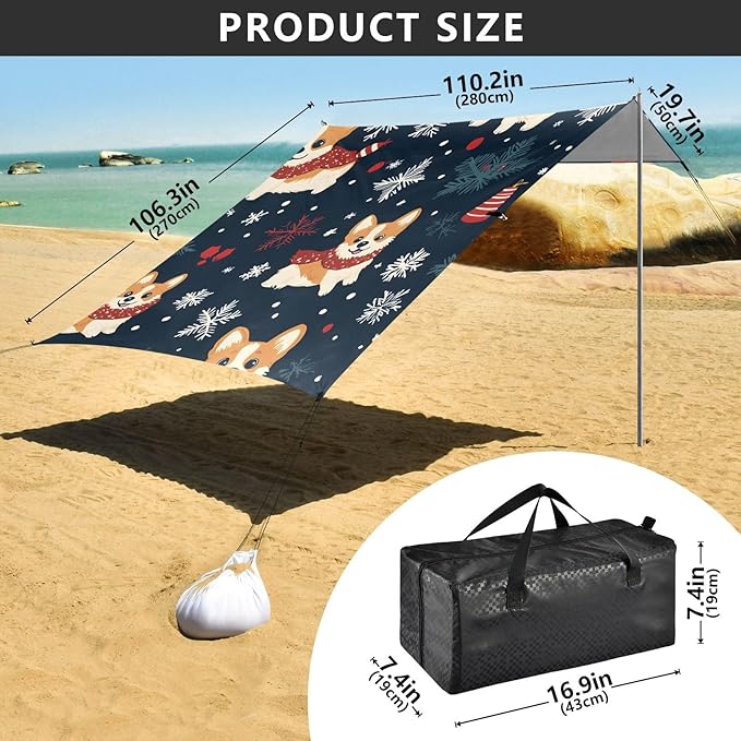 ALAZA Chrismas Corgi Pattern Beach Tent Sun Shelter Portable Canopy Sunshade for Outdoor Camping Picnics Backyard Fun 10x9 ft