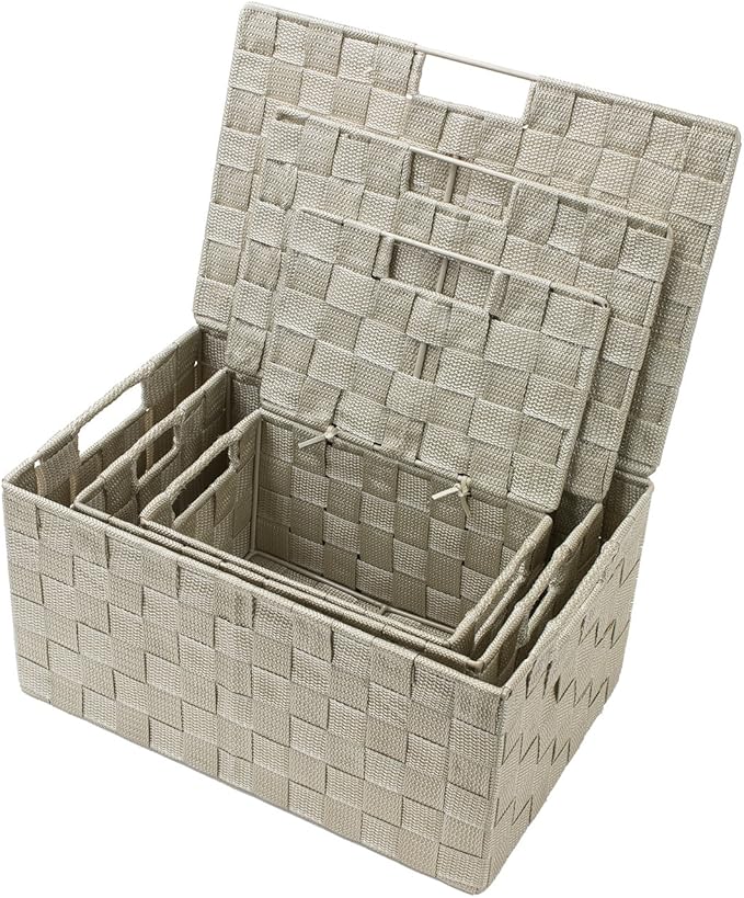 Sorbus Set of 3 Storage Baskets for Organizing with Lid – Mesh Hand-Woven Baskets for Closet Shelf &amp Home Storage (Beige Variety Pack)