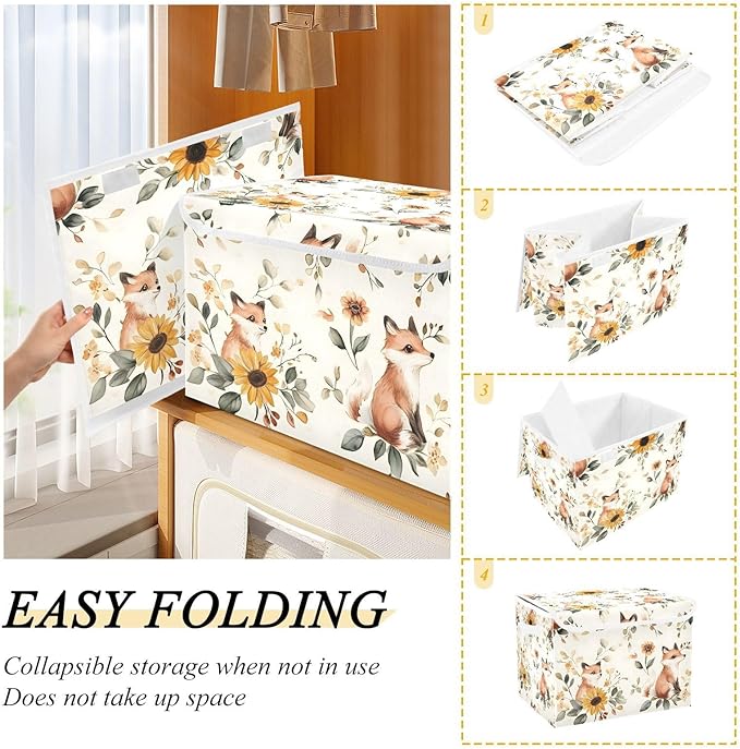 Floral Fox Storage Cube Bins Basket with Lid Collapsible Flip-top Fabric with Handle for Home Bedroom Closet Office 16.5×12.6×11.8 in