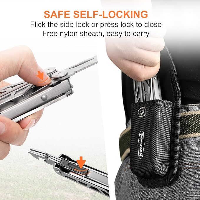 Multitool 17-in-1 Stainless Steel Multi Tool Pliers with Self-Locking Pocket Knife Nylon Sheath Professional (EDC) Multi-Tool for Survival Camping and Hunting Hiking Gifts for Men