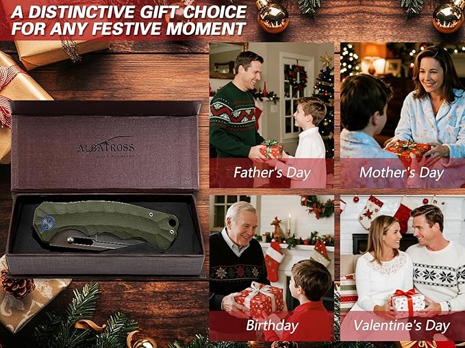 ALBATROSS Outdoor Style Father's Day Gifts Green Ultra-Light Pocket Knife 2oz Satin D2 Blade G10 Handle Liner Lock Thumb Hole Gift Box for Father's Day Birthday