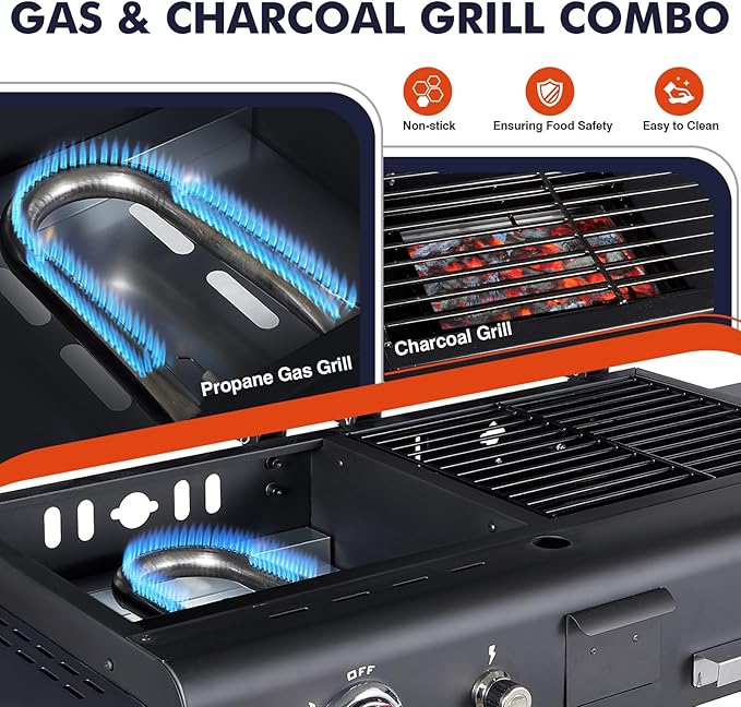 Propane and Charcoal Grill Combo Gas Griddle Grill Combo Two Fuel BBQ Grills with Long Silicone Non-Slip Grill Gloves Dual Fuel Lids and Side Shelves