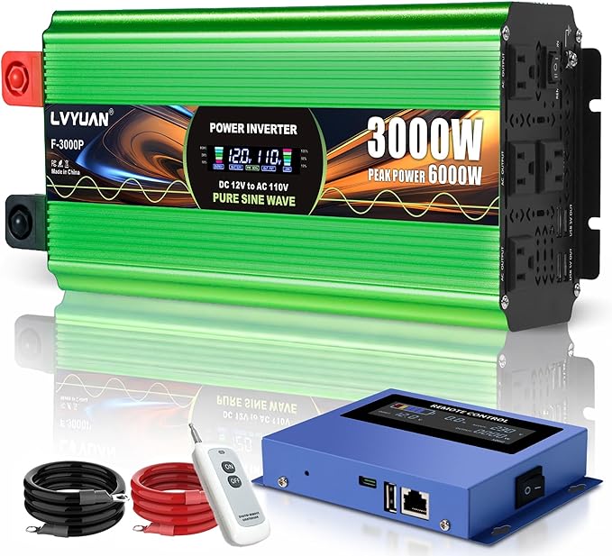 3000 Watt Pure Sine Wave Inverter DC 12V to 120V AC Power Inverter for Vehicle RV Truck Off-Grid Car Power Inverter with 4 AC Outlet 20W USB-C 5V/3.1A USB Remote &amp Panel Control Surge 600