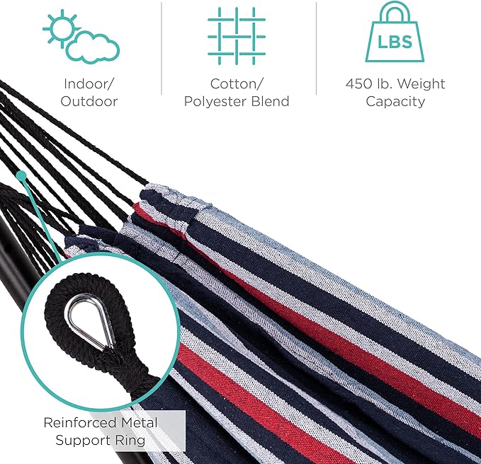 Best Choice Products Double Hammock with Steel Stand Indoor Outdoor Brazilian-Style Cotton Bed w/Carrying Bag 2-Person Capacity - Abyss