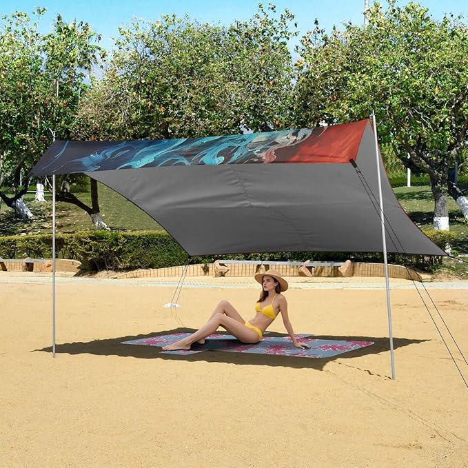 ALAZA Red &amp Blue Flame Horse Beach Tent Sun Shelter UPF50+ Protection Beach Shade Canopy w/ 4 Sandbags for Outdoor Camping Fishing Backyard Fun Picnic 10x9 ft