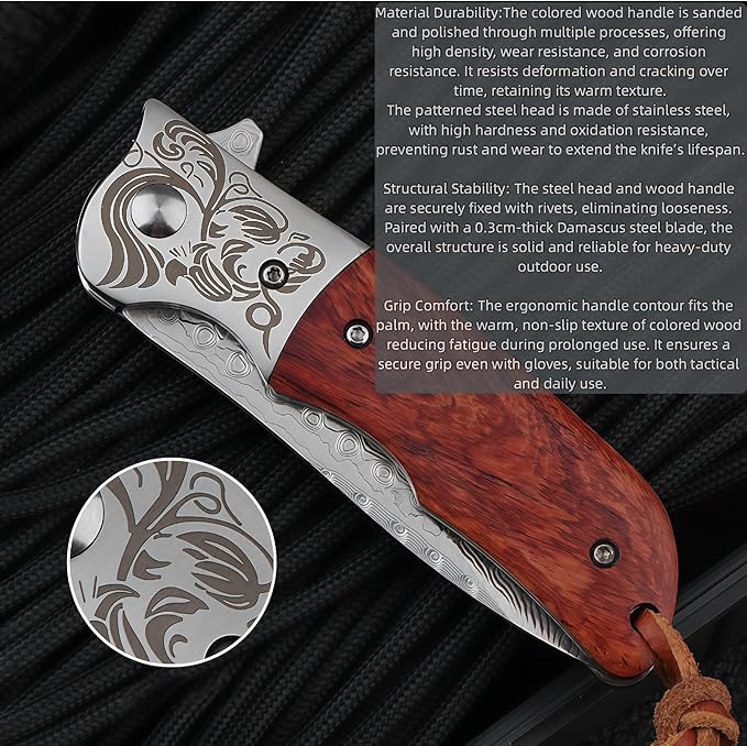 Damascus Steel Knife Knives for Men HRC 60 Rosewood Handle Hand-Forged Damascus Folding Knife Gifts for Hunters Men who have Everything Camping Knives &amp Tools Gift Ideas for Boyfriend