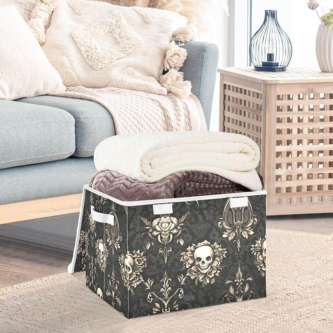 Collapsible Storage Bins with Lids Decorative Fabric Storage Cubes Closet Organizer and Storage Basket Boxes Containers for Clothes Box Chest Folding Rectangle Gothic Brown Skulls