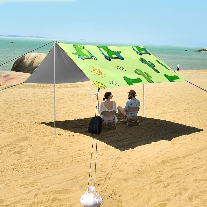xigua Crocodiles Beach Tent Sun Shelter with Carrying Bag - Silver Coated Oxford Fabric Beach Canopy for Beach Camping Fishing - Includes Windproof Ropes Sandbags &amp Stakes