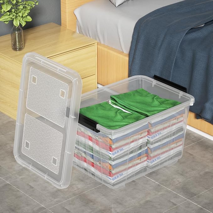 30 Quart Clear Plastic Storage Bin with Lid Stackable Latching Boxes with Wheels 4-Pack