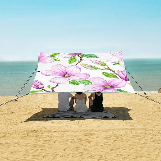 Beach Canopy with Windproof Ropes &amp Sandbags Beach Tent Sun Shade Sun Shelter for Camping Trips Fishing Backyard Fun or Picnics Magnolia Flowers