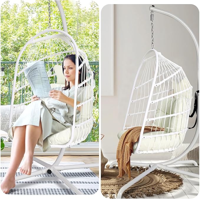 Chihee Egg Chair with Ultra Strong Stand and Cushion Foldable Wicker Rattan Hanging Chair Indoor Outdoor Patio Lounging Chair 330 lbs Capacity Balcony Porch Bedroom Garden