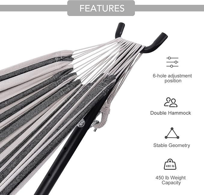 Prime Garden Hammock with Stand for Outside Heavy Duty Space Saving Steel Stand with 450 lb CapacityDouble Hammock with Portable Carrying Bag Hamacas para Adultos for Outdoors Patio Garden Yard