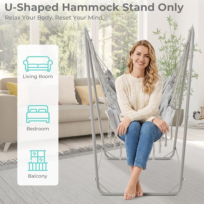 Hammock Stand for Multiple Hammock Heavy-Duty Steel Hanging Chair Stand for Indoor &amp Outdoor Solid Support &amp Stable Base 220 lbs Capacity Easy Assembly U-Shaped Stand Only - Gray