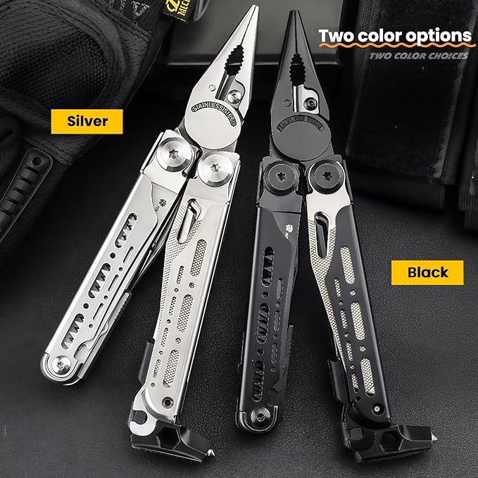 Multitool 15-in-1 Full-Size Lightweight EDC Multi-Purpose Pliers With Safety Locking Nylon Bag Tactical Gear Camping Knives &amp Tools 7CR17 BladeFlint striker Gift Ideas for Men (Black)