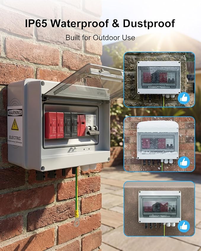 600V Solar DC PV Combiner Box 2 String with Lightning Arrester Connector for On/Off Grid Solar Panel System 2 Input 2 Out 32A Fuse 63A Circuit Breaker Waterproof ABS Enclosure