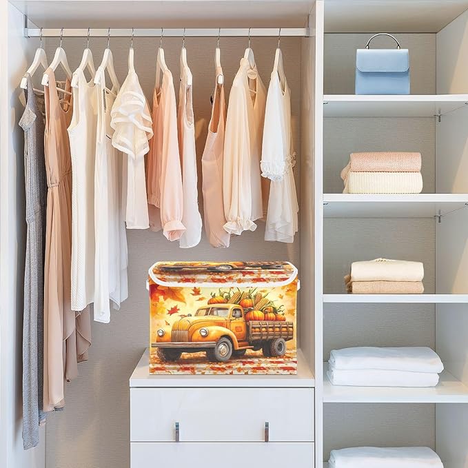 Collapsible Storage Bins with Lids Decorative Fabric Storage Cubes Closet Organizer and Storage Basket Boxes Containers for Clothes Box Chest Folding Rectangle Fall Thanksgiving Pumpk
