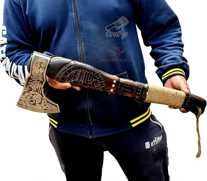 FS Crafts 21 Custom Handmade Carbon Steel Viking Axe Hand Forged Outdoor Hunting Camping Norse Axe Hatchet Bearded Dane Axe Ragnar Engraved Handle with Leather Sheath AXE003FR