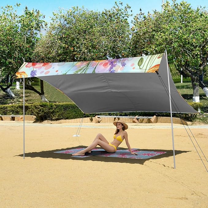xigua Wlidflowers Beach Tent Sun Shelter with Carrying Bag - Silver Coated Oxford Fabric Beach Canopy for Beach Camping Fishing - Includes Windproof Ropes Sandbags &amp Stakes