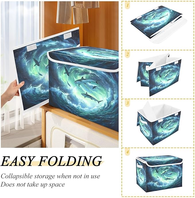 MNSRUU Containers Baskets with Lids Aurora Shark Fabric Foldable Storage Bins Organizer with Lid Collapsible Storage Boxes for Home Bedroom Closet Office