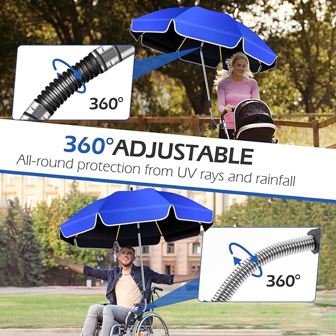2Pack 48.8 inch Large Beach Umbrella with Clamp Sun Shade for Beach Chair 360°Adjustable UV Protection Golf Umbrella with Clip for Outdoor Stroller Wheelchair Camping Chair