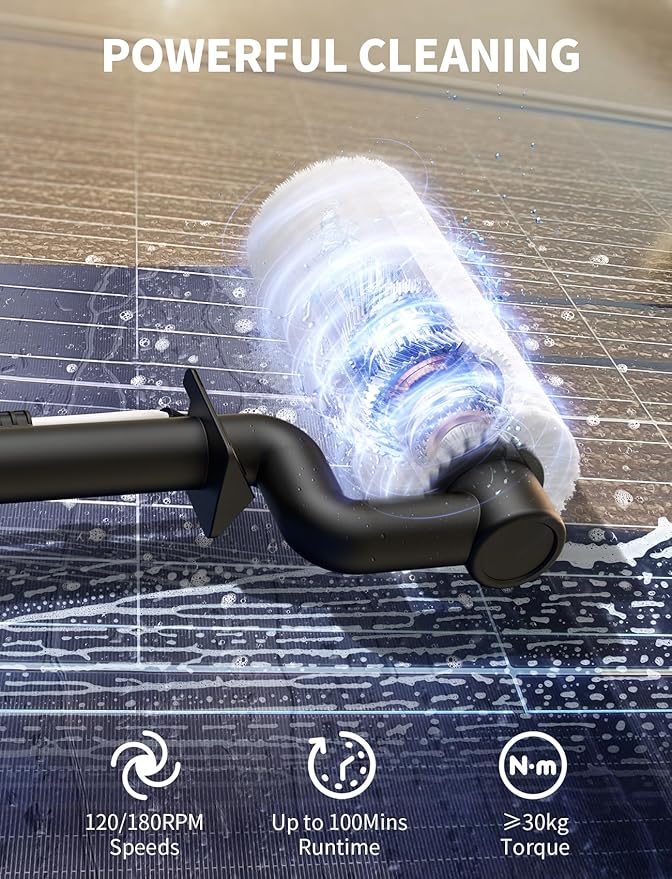 Solar Panel Cleaning Brush and Pole 20FT Electric Cleaning Roller Brush with Telescopic Water Fed Pole 100Mins Runtime 2 Spin Speeds Outdoor Window Cleaning System for Solar Panel Window Roof