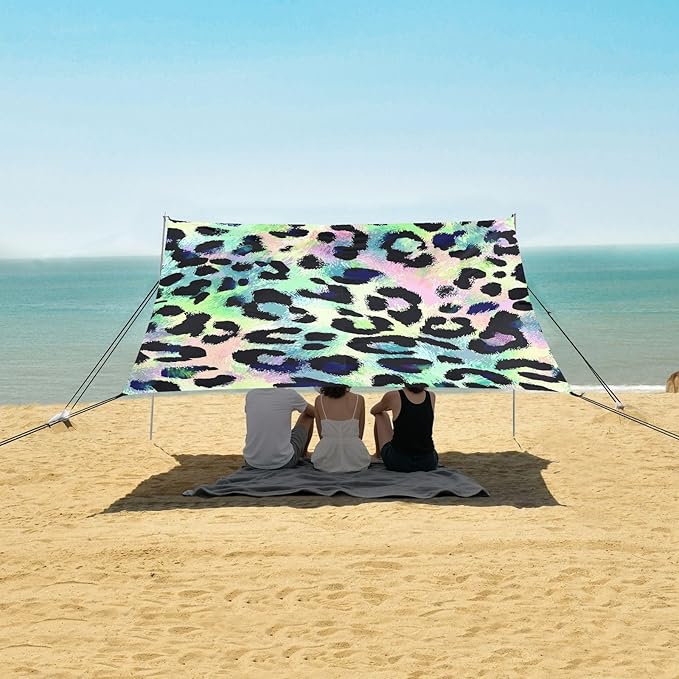 ALAZA Colorful Leopard Cheetah Beach Tent Sun Shelter UPF50+ Protection Beach Shade Canopy w/ 4 Sandbags for Outdoor Camping Fishing Backyard Fun Picnic 10x9 ft