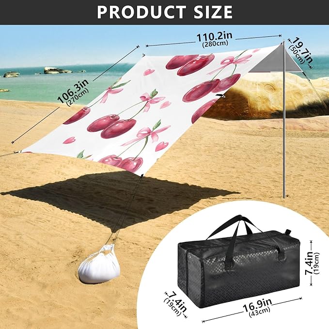 ALAZA Cherry Bow Pattern Beach Tent Sun Shelter Portable Canopy Sunshade for Outdoor Camping Picnics Backyard Fun 10x9 ft