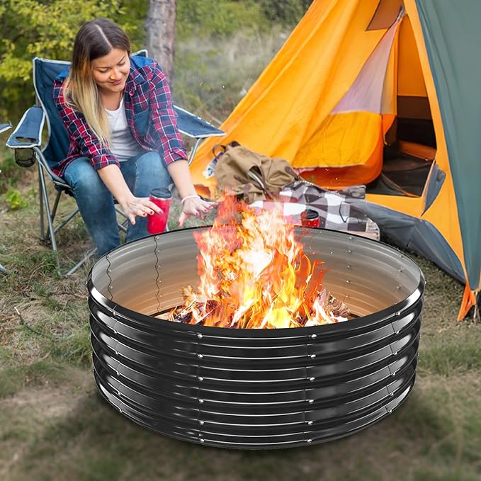 48 Inch Large Outdoor Fire Pit Ring17 Taller Heavy Duty High Heat Resistant Wood Burning Firepit for OutsideGalvanized Steel Outdoor Fireplace &amp Fire Pits Bowl for Backyard Bonfire PatioCamp