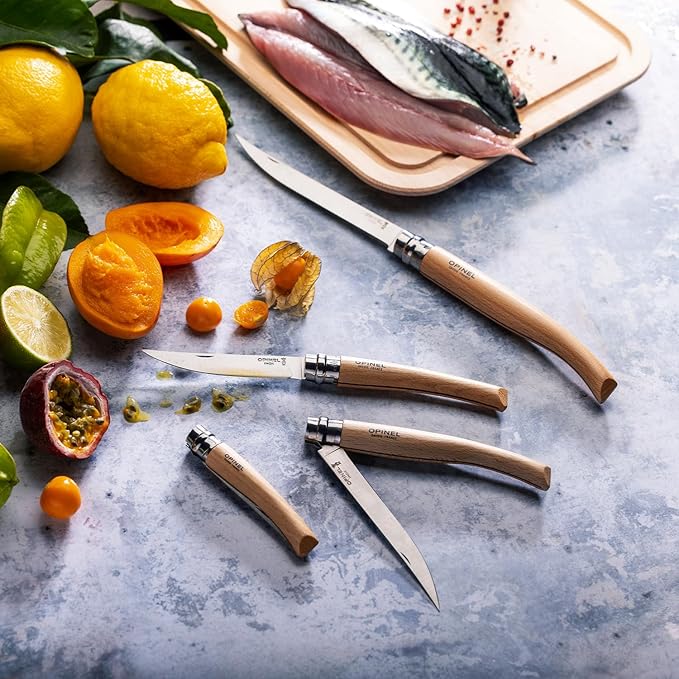 Opinel Effile Slimline Series Folding Fillet Knife – Slim Blade Folding Knife Virobloc Locking Collar Sustainably Harvested Wood Handles Updated Blade Profile (Beechwood/No.12)